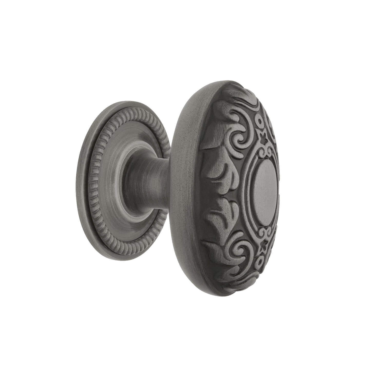 Victorian Brass 1 3/4" Cabinet Knob With Rope Rose In Antique Pewter 3 Victorian Brass 1 3/4" Cabinet Knob With Rope Rose In Antique Pewter