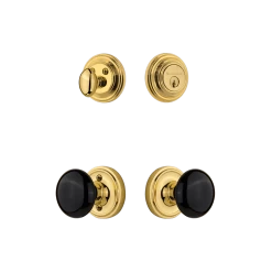 Classic Rosette Entry Set With Black Porcelain Knob In Unlacquered Brass