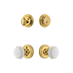 Classic Rosette Entry Set With White Waldorf Crystal Knob In Polished Brass