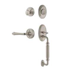 Classic Handleset With F-Grip And Classic Rosette With Fleur Lever In Satin Nickel