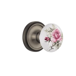 Classic Rosette With White Rose Porcelain Knob In Antique Pewter