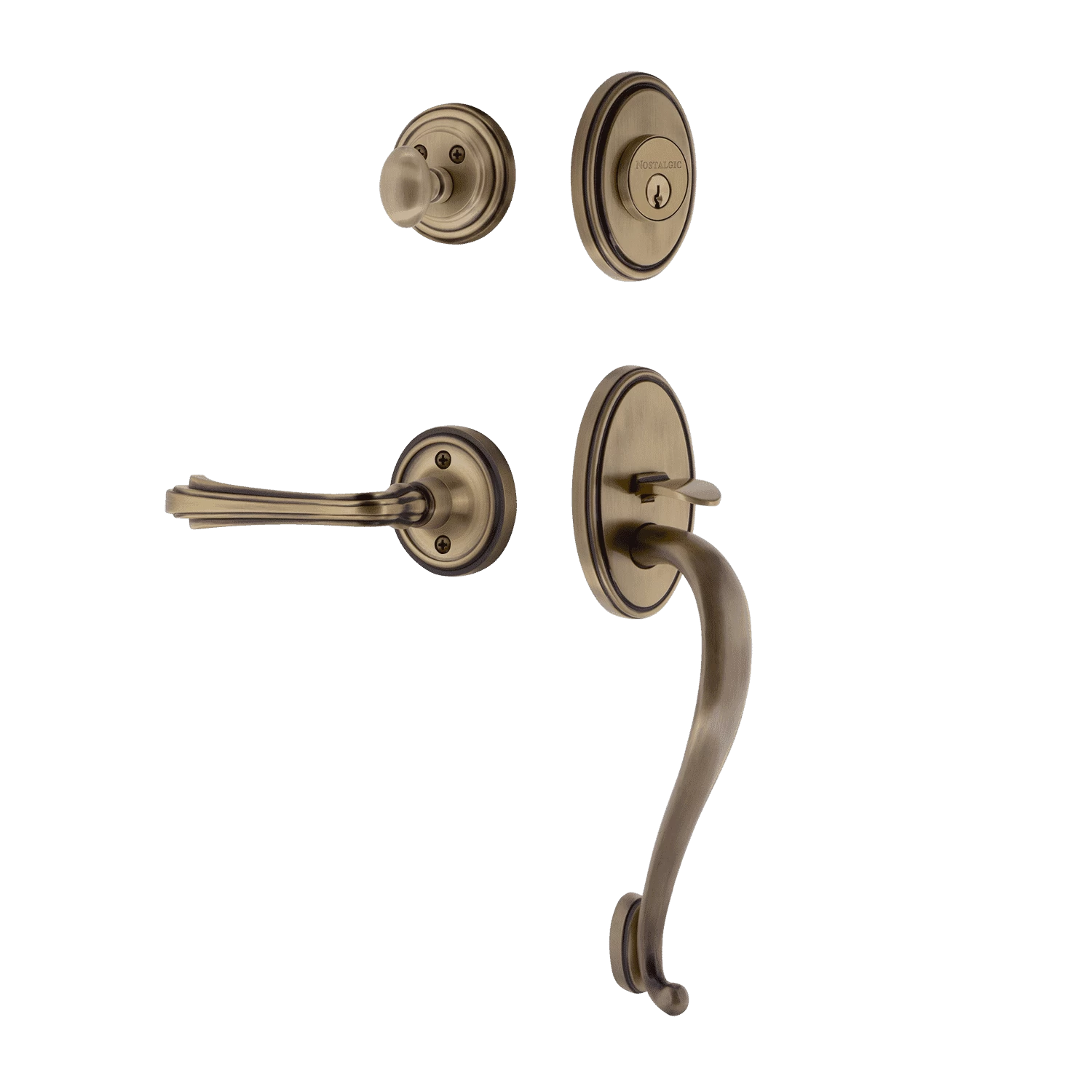 Classic Handleset With S-Grip And Classic Rosette With Fleur Lever In Antique Brass 3 Classic Handleset With S-Grip And Classic Rosette With Fleur Lever In Antique Brass