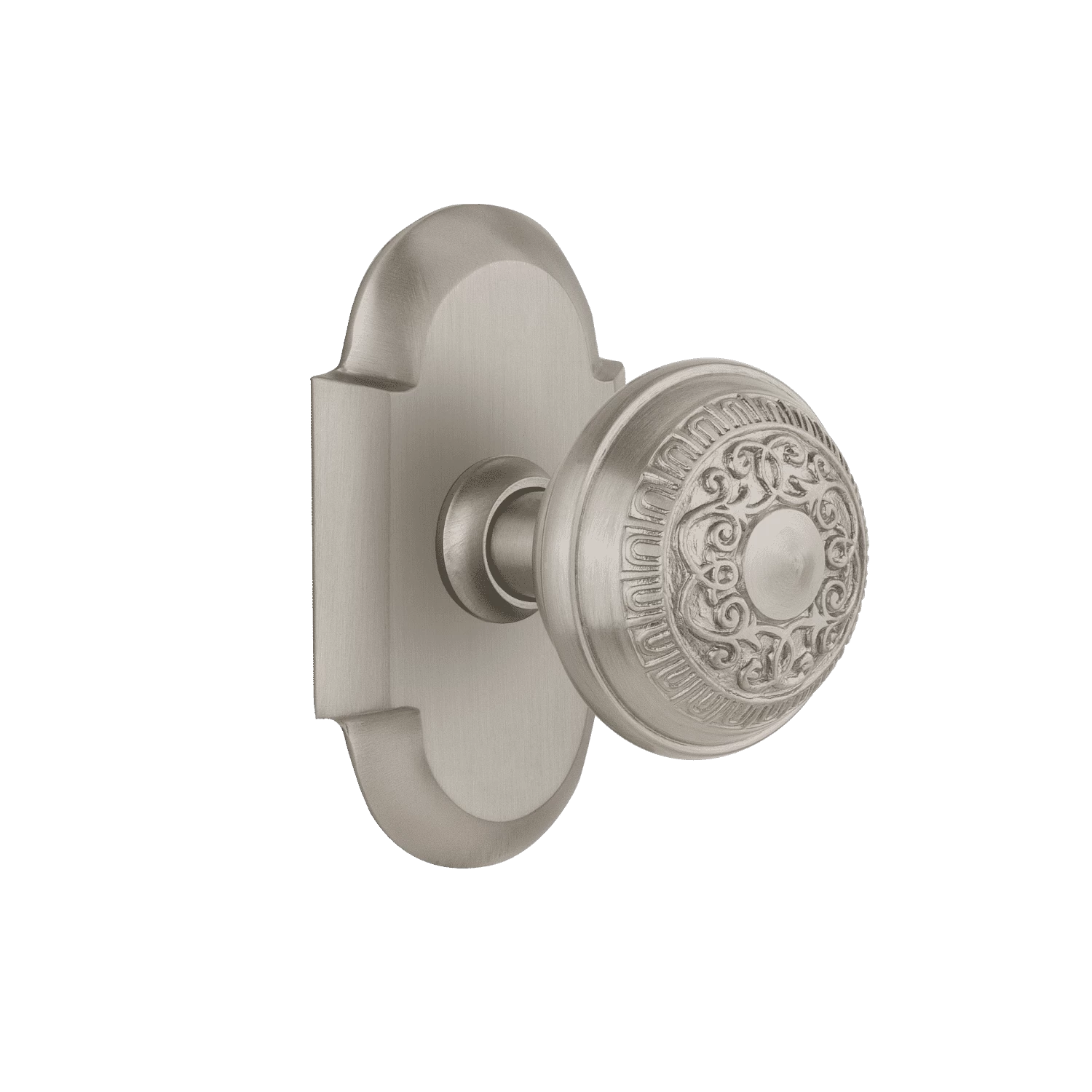 Cottage Short Plate With Egg & Dart Knob In Satin Nickel 3 Cottage Short Plate With Egg & Dart Knob In Satin Nickel