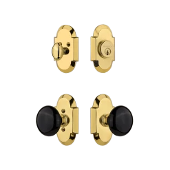 Cottage Entry Set With Black Porcelain Knob In Polished Brass