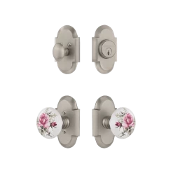 Cottage Entry Set With White Rose Porcelain Knob In Satin Nickel