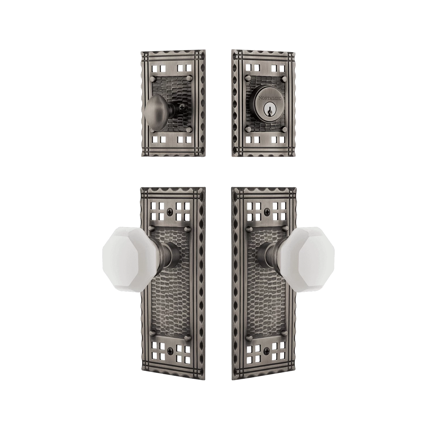 Craftsman Entry Set With White Waldorf Crystal Knob In Antique Pewter 3 Craftsman Entry Set With White Waldorf Crystal Knob In Antique Pewter