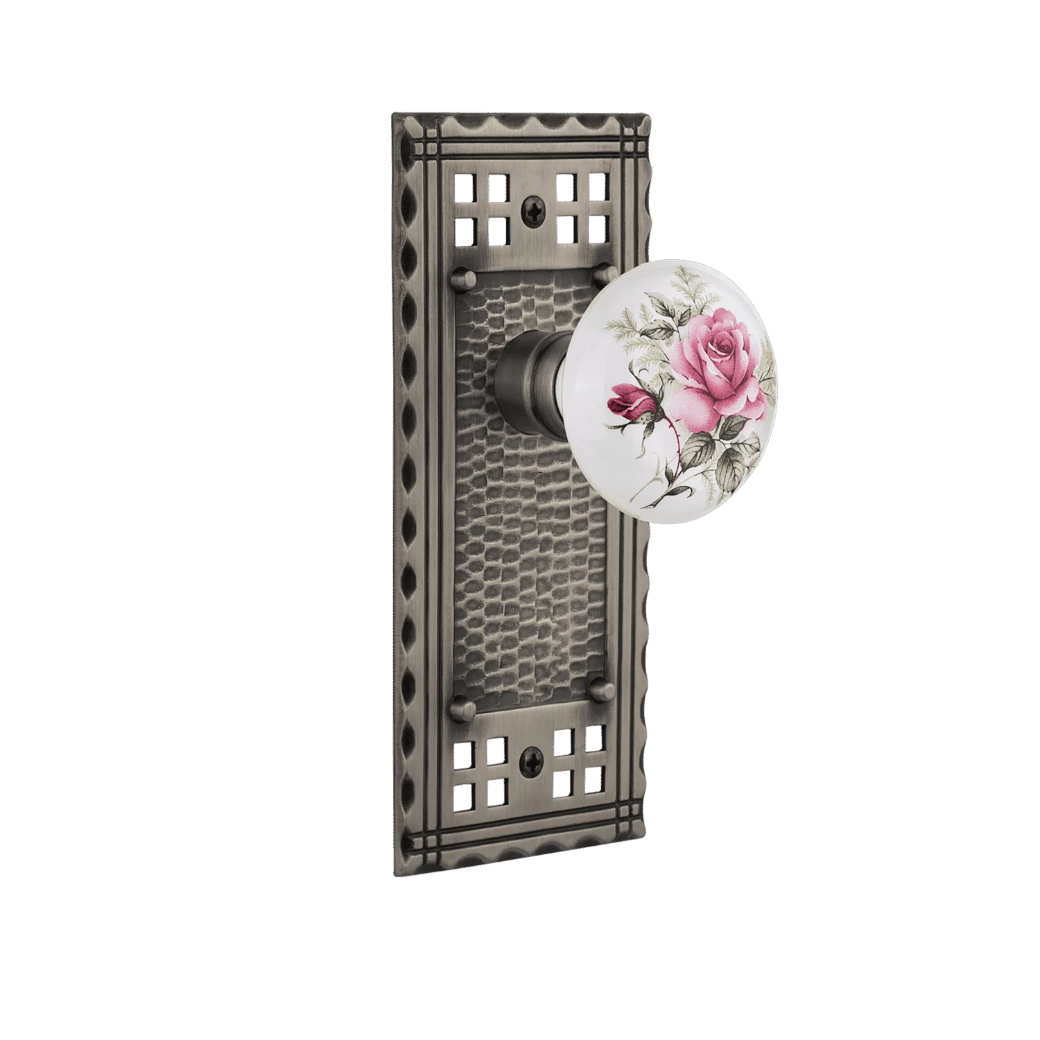 Craftsman Long Plate With White Rose Porcelain Knob In Antique Pewter 3 Craftsman Long Plate With White Rose Porcelain Knob In Antique Pewter