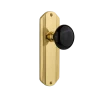 Deco Long Plate With Black Porcelain Knob In Polished Brass