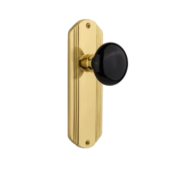 Deco Long Plate With Black Porcelain Knob In Polished Brass