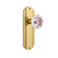 Deco Long Plate With White Rose Porcelain Knob In Unlacquered Brass
