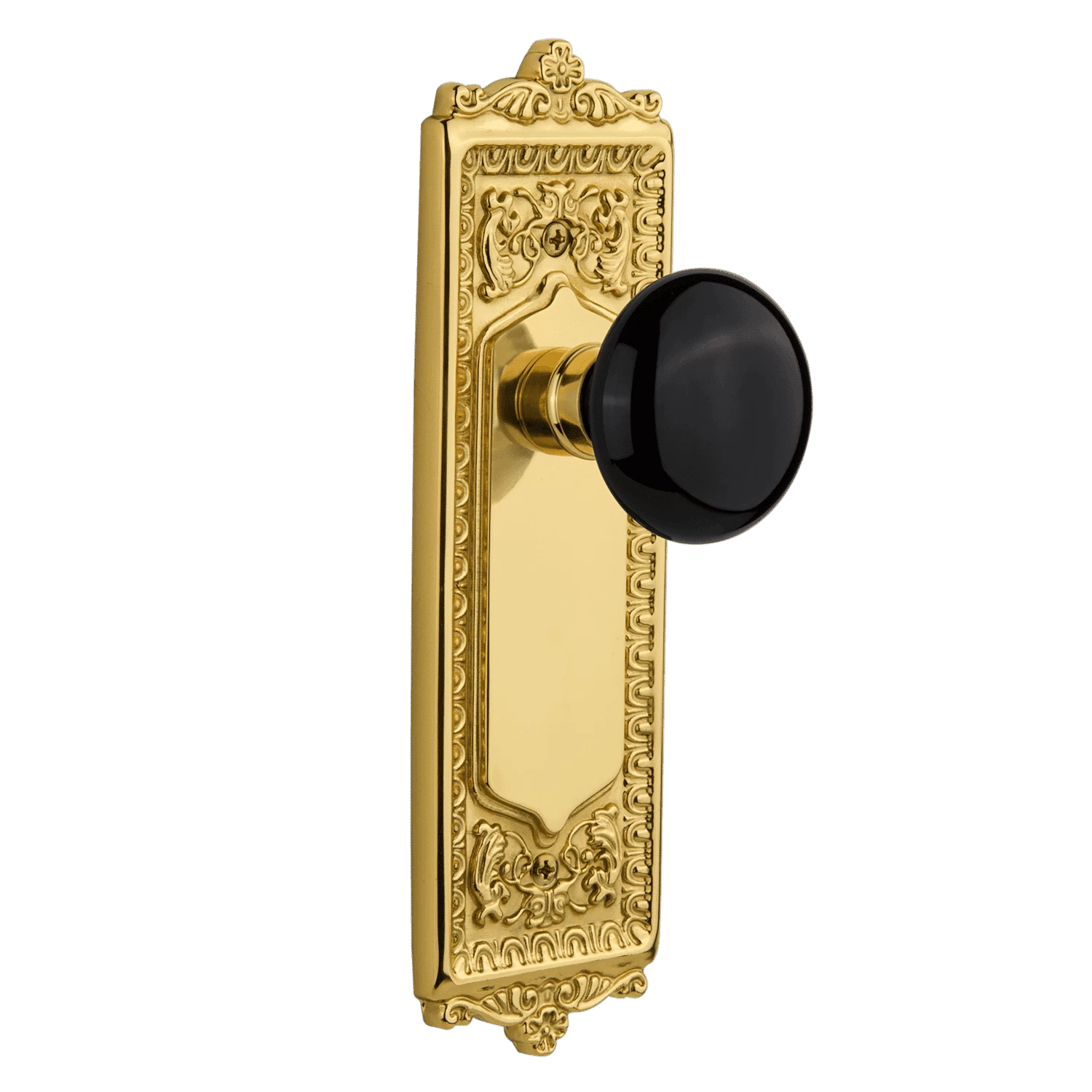 Egg & Dart Long Plate With Black Porcelain Knob In Unlacquered Brass 3 Egg & Dart Long Plate With Black Porcelain Knob In Unlacquered Brass