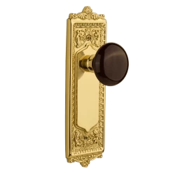 Egg & Dart Long Plate With Brown Porcelain Knob In Unlacquered Brass