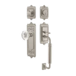 Egg & Dart Handleset With C-Grip And Egg & Dart Long Plate With Crystal Egg & Dart Knob In Satin Nickel