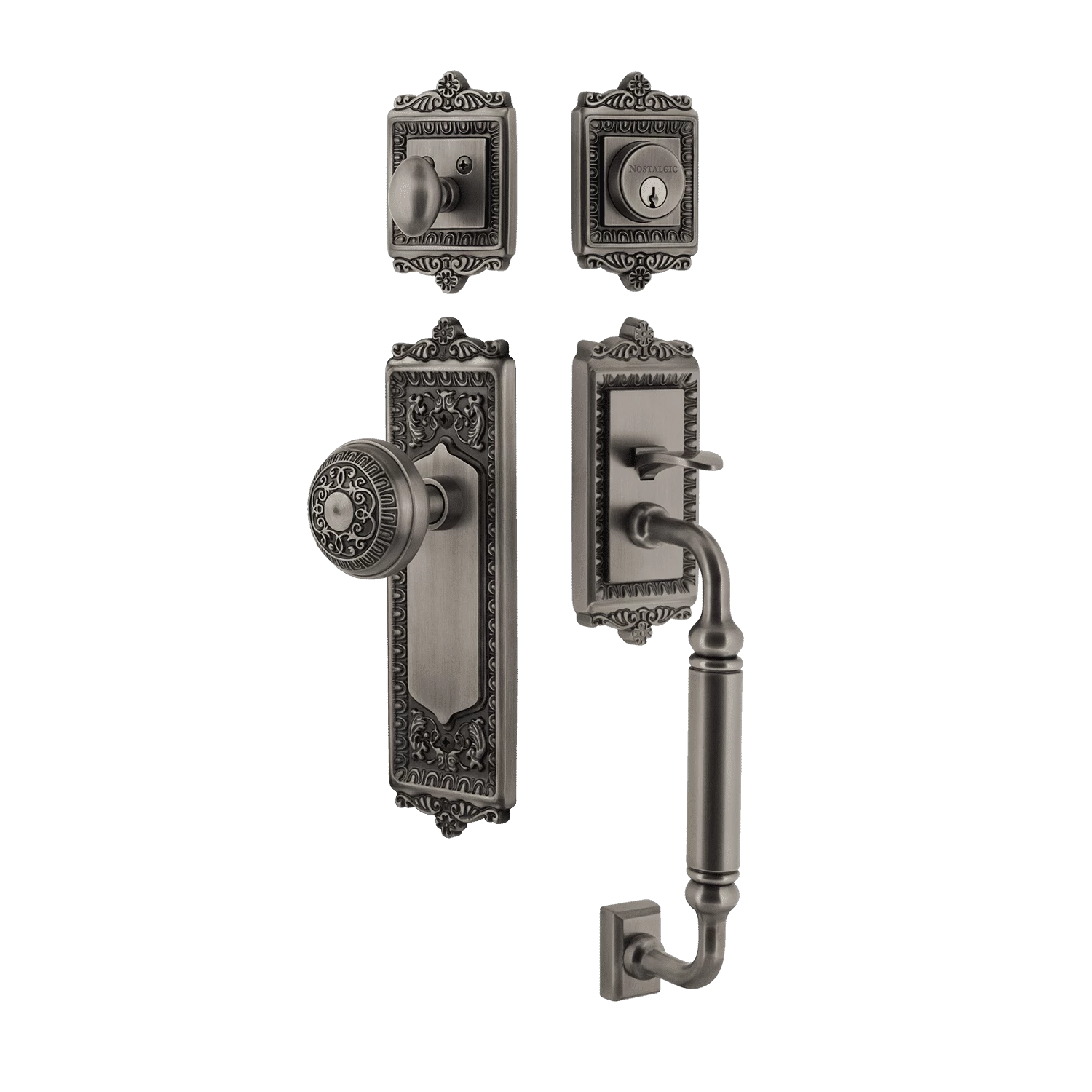 Egg & Dart Handleset With C-Grip And Egg & Dart Long Plate With Egg & Dart Knob In Antique Pewter 3 Egg & Dart Handleset With C-Grip And Egg & Dart Long Plate With Egg & Dart Knob In Antique Pewter