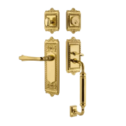 Egg & Dart Handleset With C-Grip And Egg & Dart Long Plate With Fleur Lever In Polished Brass