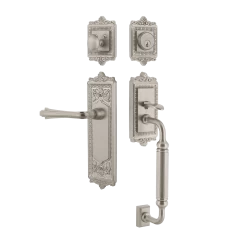 Egg & Dart Handleset With C-Grip And Egg & Dart Long Plate With Fleur Lever In Satin Nickel