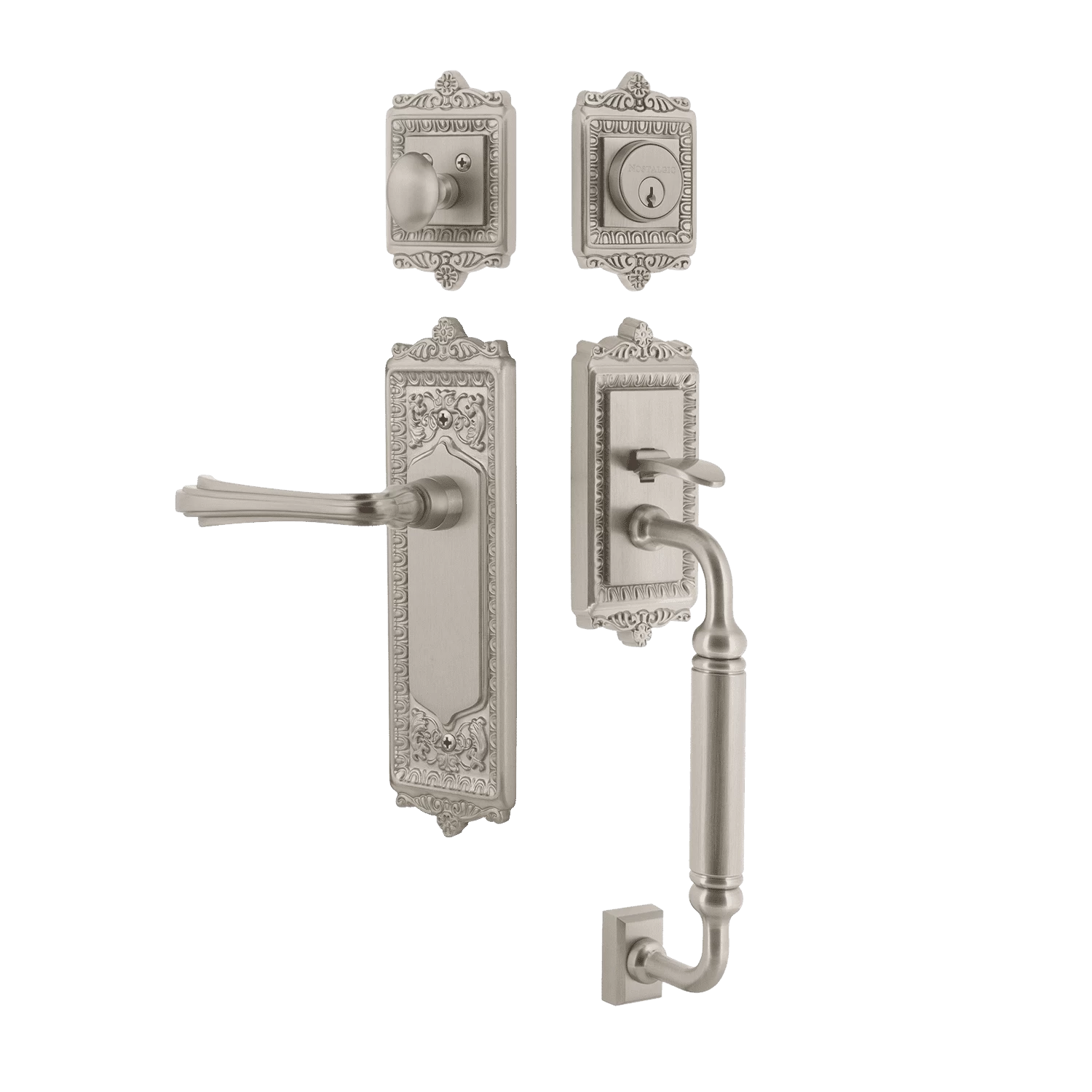Egg & Dart Handleset With C-Grip And Egg & Dart Long Plate With Fleur Lever In Satin Nickel 3 Egg & Dart Handleset With C-Grip And Egg & Dart Long Plate With Fleur Lever In Satin Nickel