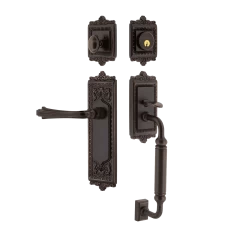 Egg & Dart Handleset With C-Grip And Egg & Dart Long Plate With Fleur Lever In Timeless Bronze