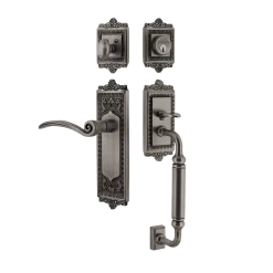 Egg & Dart Handleset With C-Grip And Egg & Dart Long Plate With Swan Lever In Antique Pewter