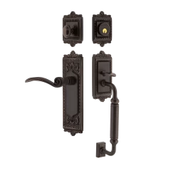 Egg & Dart Handleset With C-Grip And Egg & Dart Long Plate With Swan Lever In Timeless Bronze