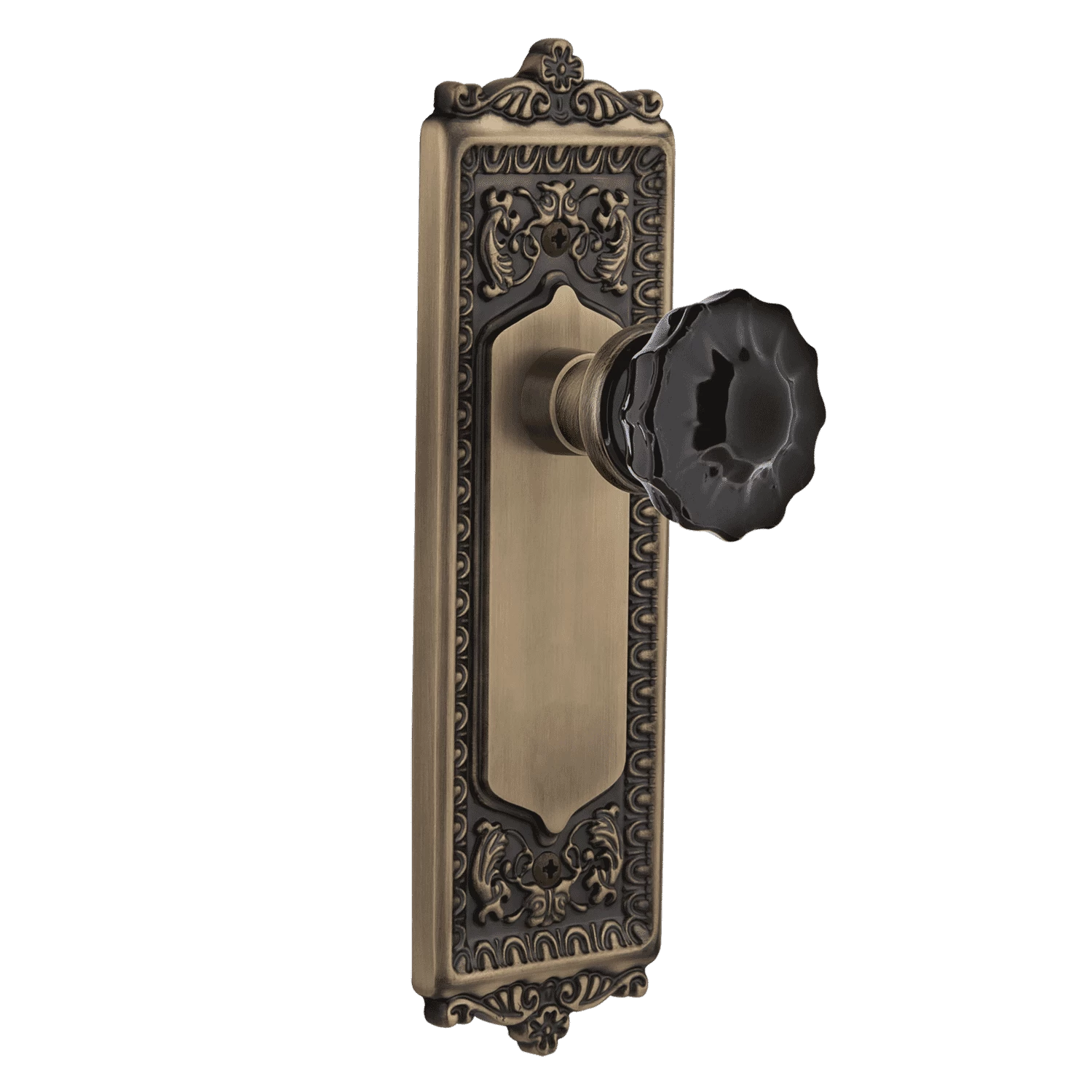 Egg & Dart Long Plate With Black Crystal Knob In Antique Brass 3 Egg & Dart Long Plate With Black Crystal Knob In Antique Brass