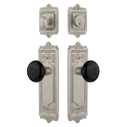 Egg & Dart Entry Set With Black Porcelain Knob In Satin Nickel