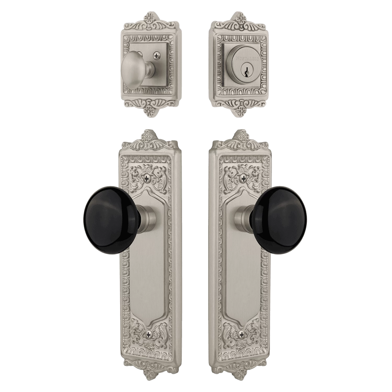 Egg & Dart Entry Set With Black Porcelain Knob In Satin Nickel 3 Egg & Dart Entry Set With Black Porcelain Knob In Satin Nickel