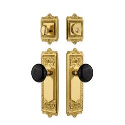 Egg & Dart Entry Set With Black Porcelain Knob In Unlacquered Brass