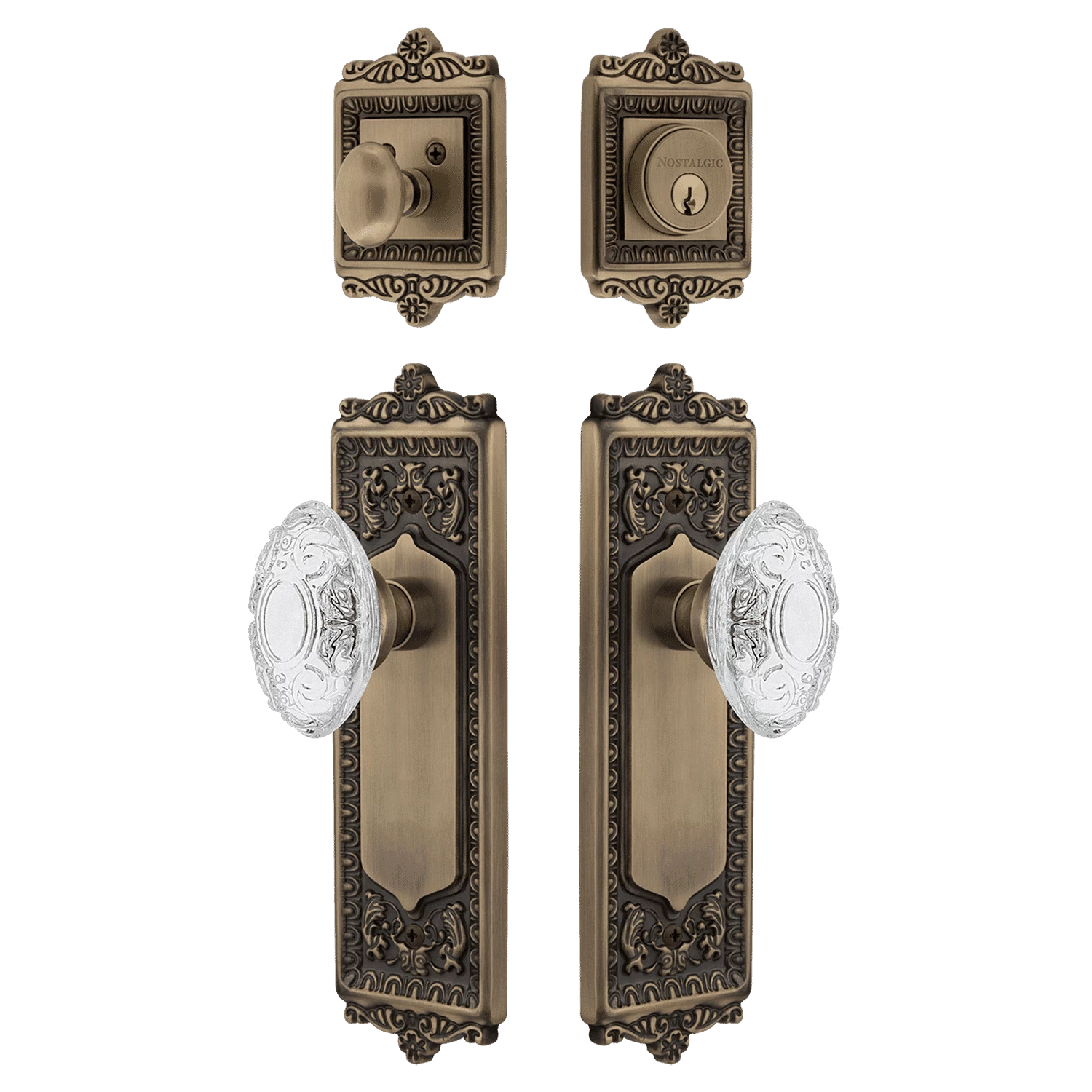 Egg & Dart Entry Set With Crystal Victorian Knob In Antique Brass 3 Egg & Dart Entry Set With Crystal Victorian Knob In Antique Brass