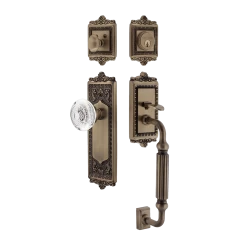 Egg & Dart Handleset With F-Grip And Egg & Dart Long Plate With Crystal Egg & Dart Knob In Antique Brass