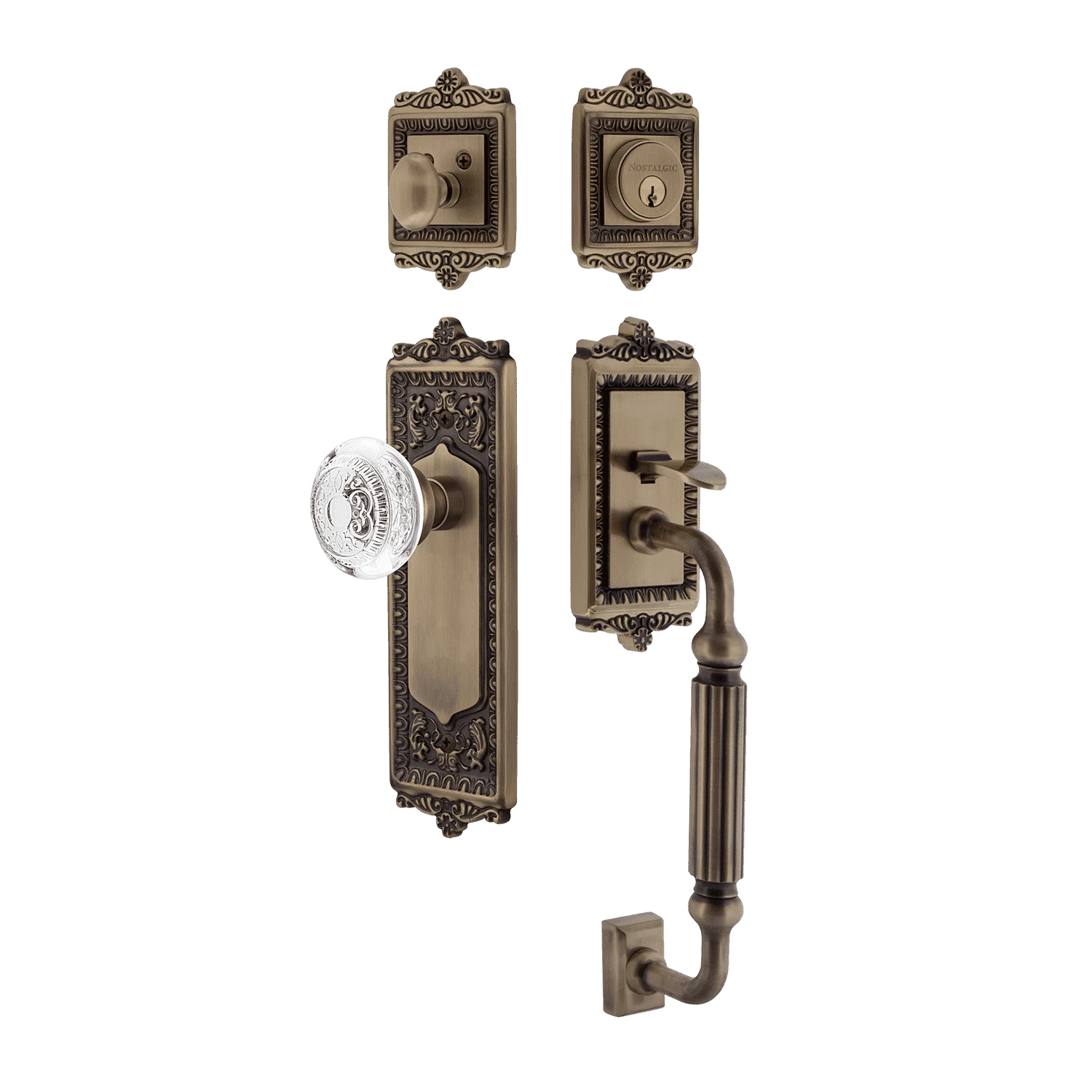 Egg & Dart Handleset With F-Grip And Egg & Dart Long Plate With Crystal Egg & Dart Knob In Antique Brass 3 Egg & Dart Handleset With F-Grip And Egg & Dart Long Plate With Crystal Egg & Dart Knob In Antique Brass