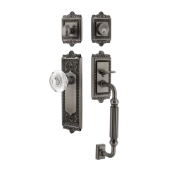 Egg & Dart Handleset With F-Grip And Egg & Dart Long Plate With Crystal Egg & Dart Knob In Antique Pewter