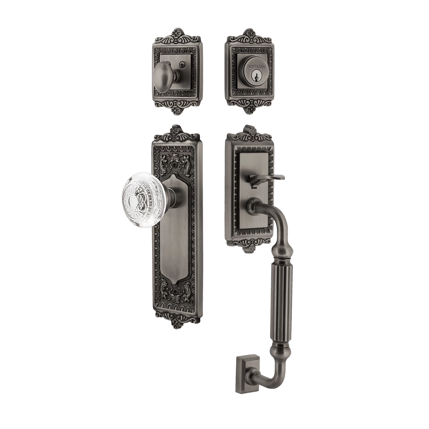 Egg & Dart Handleset With F-Grip And Egg & Dart Long Plate With Crystal Egg & Dart Knob In Antique Pewter 3 Egg & Dart Handleset With F-Grip And Egg & Dart Long Plate With Crystal Egg & Dart Knob In Antique Pewter