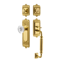 Egg & Dart Handleset With F-Grip And Egg & Dart Long Plate With Crystal Egg & Dart Knob In Polished Brass