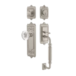 Egg & Dart Handleset With F-Grip And Egg & Dart Long Plate With Crystal Egg & Dart Knob In Satin Nickel
