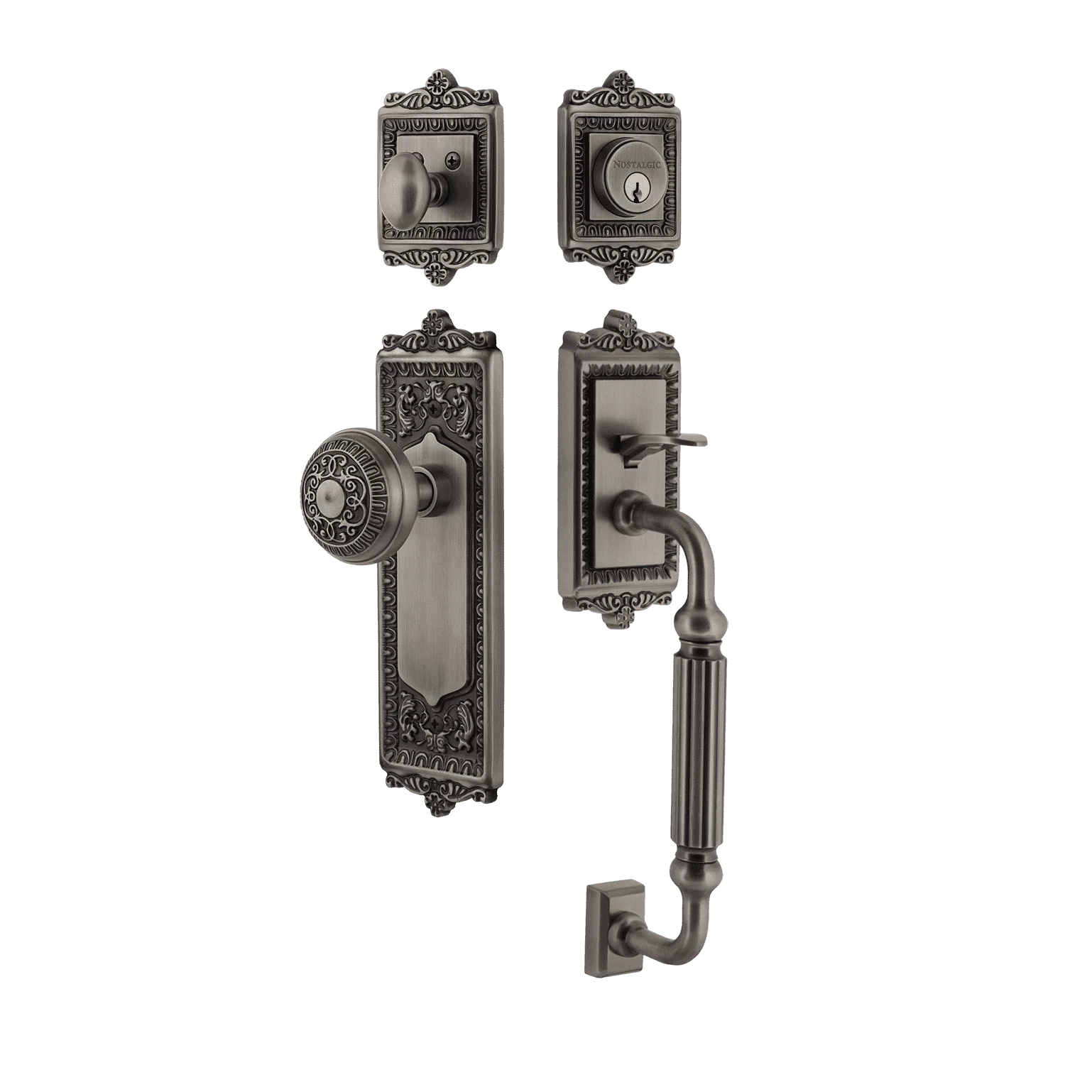 Egg & Dart Handleset With F-Grip And Egg & Dart Long Plate With Egg & Dart Knob In Antique Pewter 3 Egg & Dart Handleset With F-Grip And Egg & Dart Long Plate With Egg & Dart Knob In Antique Pewter