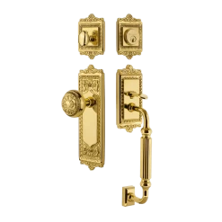 Egg & Dart Handleset With F-Grip And Egg & Dart Long Plate With Egg & Dart Knob In Polished Brass