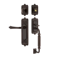 Egg & Dart Handleset With F-Grip And Egg & Dart Long Plate With Fleur Lever In Timeless Bronze