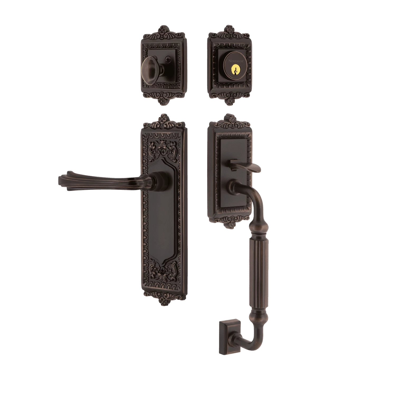 Egg & Dart Handleset With F-Grip And Egg & Dart Long Plate With Fleur Lever In Timeless Bronze 3 Egg & Dart Handleset With F-Grip And Egg & Dart Long Plate With Fleur Lever In Timeless Bronze