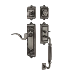 Egg & Dart Handleset With F-Grip And Egg & Dart Long Plate With Manor Lever In Antique Pewter