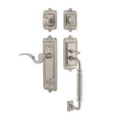 Egg & Dart Handleset With F-Grip And Egg & Dart Long Plate With Manor Lever In Satin Nickel