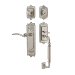 Egg & Dart Handleset With F-Grip And Egg & Dart Long Plate With Swan Lever In Satin Nickel