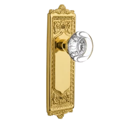 Egg & Dart Long Plate With Round Clear Crystal Knob In Polished Brass