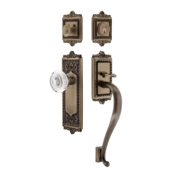 Egg & Dart Handleset With S-Grip And Egg & Dart Long Plate With Crystal Egg & Dart Knob In Antique Brass