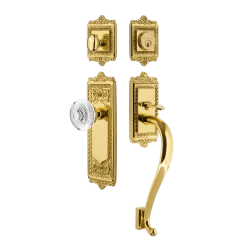 Egg & Dart Handleset With S-Grip And Egg & Dart Long Plate With Crystal Egg & Dart Knob In Polished Brass