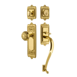 Egg & Dart Handleset With S-Grip And Egg & Dart Long Plate With Egg & Dart Knob In Polished Brass