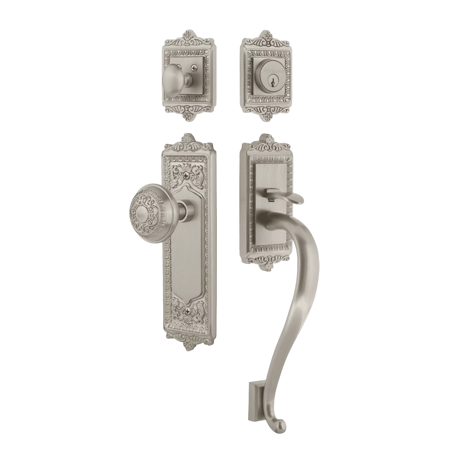 Egg & Dart Handleset With S-Grip And Egg & Dart Long Plate With Egg & Dart Knob In Satin Nickel 3 Egg & Dart Handleset With S-Grip And Egg & Dart Long Plate With Egg & Dart Knob In Satin Nickel