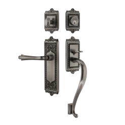 Egg & Dart Handleset With S-Grip And Egg & Dart Long Plate With Fleur Lever In Antique Pewter