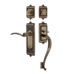 Egg & Dart Handleset With S-Grip And Egg & Dart Long Plate With Swan Lever In Antique Brass