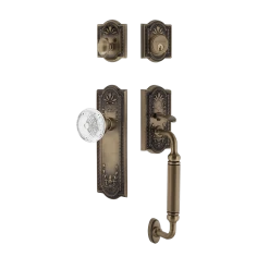 Meadows Handleset With C-Grip And Meadows Long Plate With Crystal Meadows Knob In Antique Brass